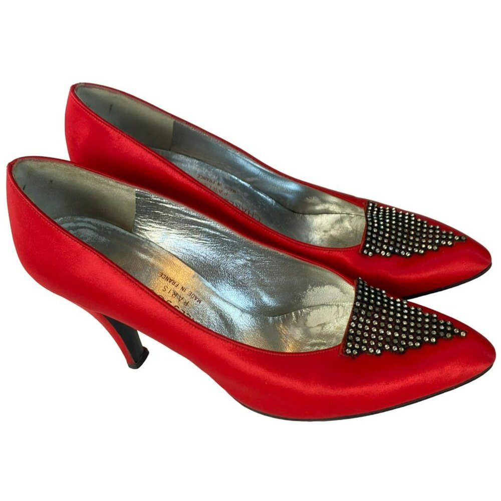 Vintage Charles Jourdan Shoes Heels Leather Red Satin Rhinestone Size 9 Paris